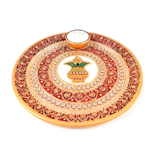 Designer Pooja Plate with Green and White Stones